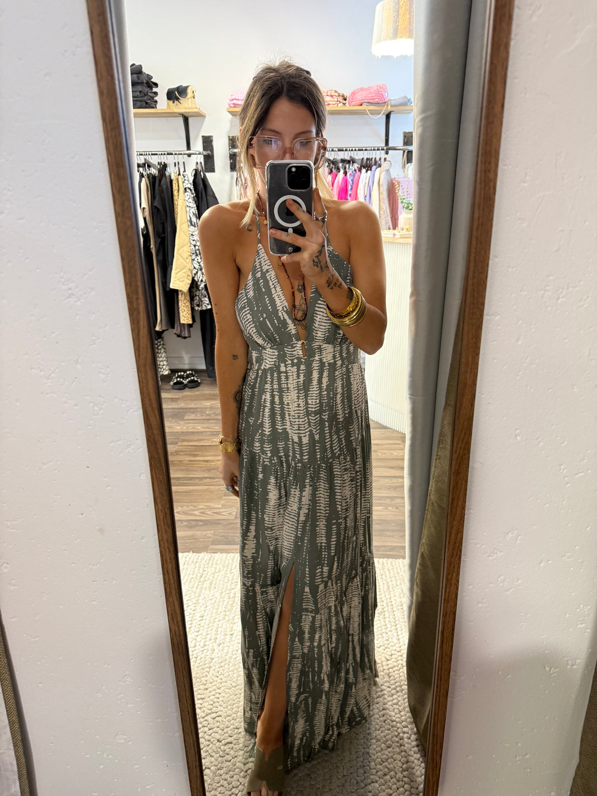 Robe dos nu à motifs - kaki