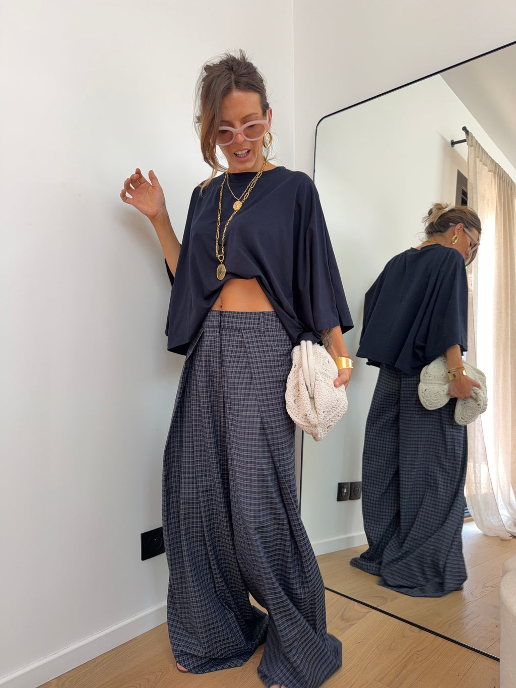 Pantalon large à carreaux - bleu marine et gris