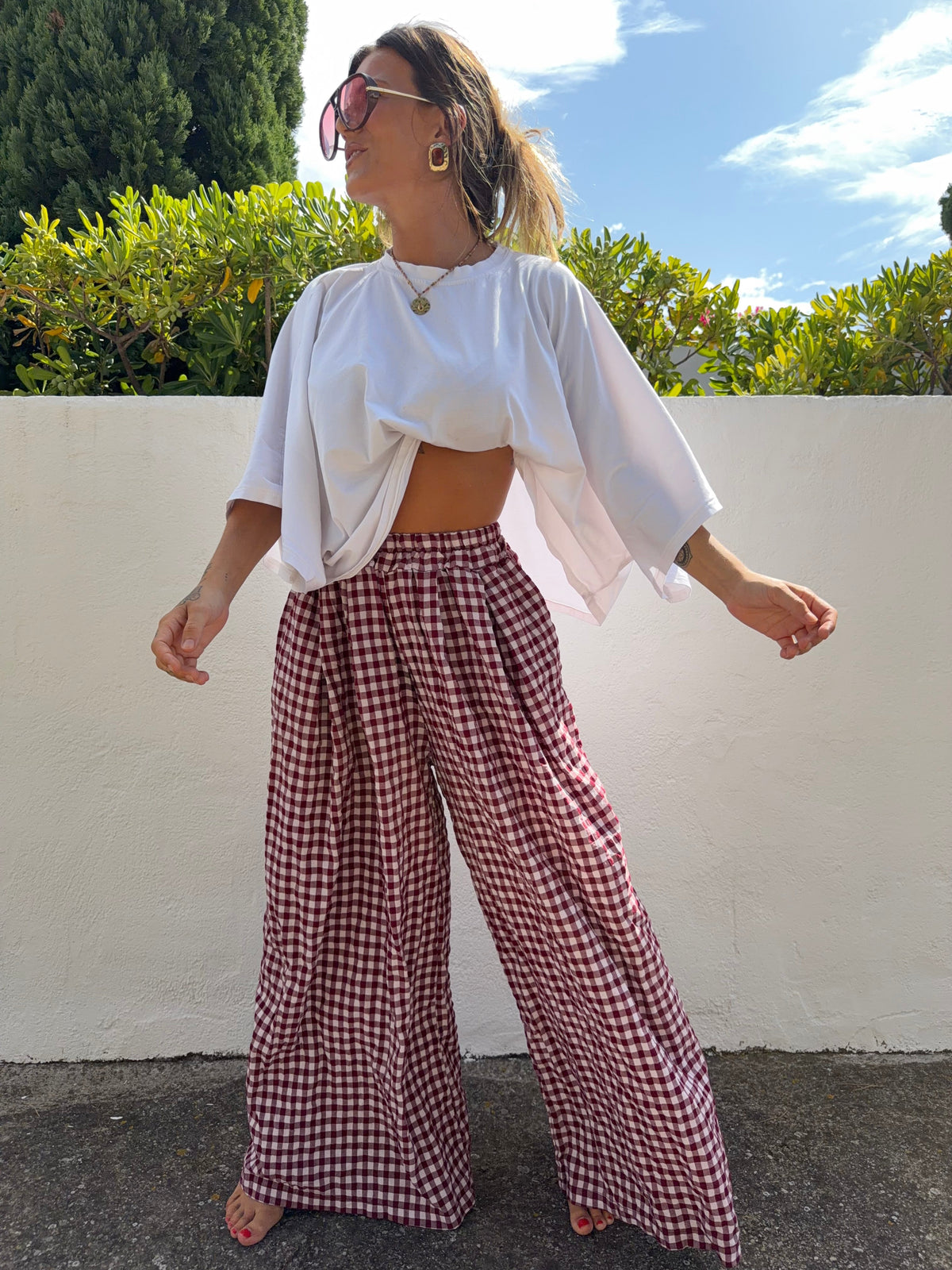 Pantalon à carreaux - bordeaux